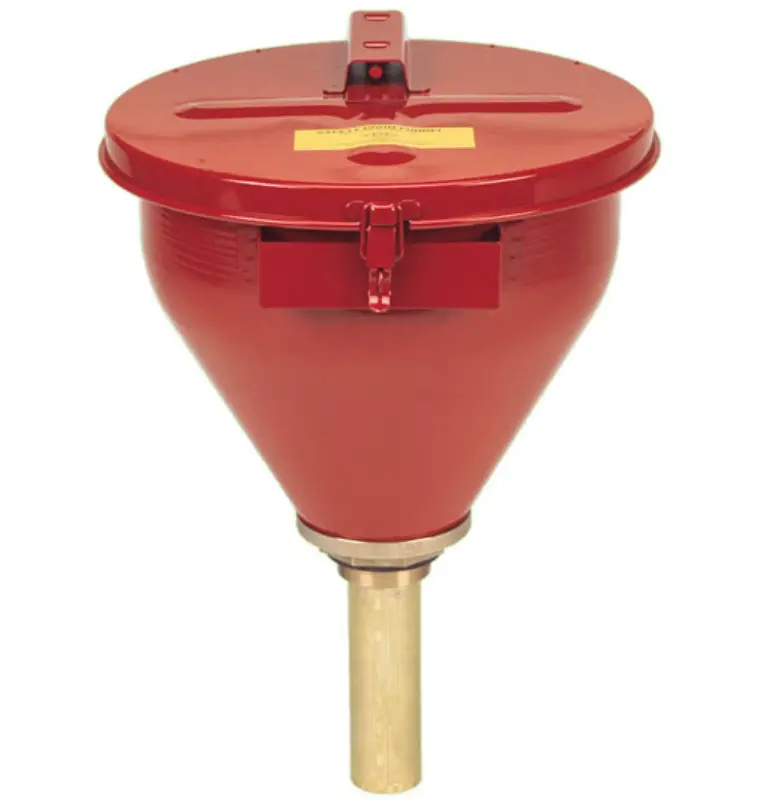 EMBUDO DE ACERO PARA BIDONES, ARESTALLAMAS 6'', TAPA DE CIERRE AUTOMÁTICO, TAPÓN DE 2''