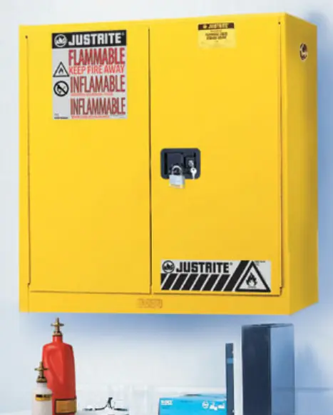 ARMARIO PARA INFLAMABLES SURE-GRIP® EX, MONTAJE EN PARED, 20 GALONES, 3 ESTANTES, 2 PUERTAS, CIERRE MANUAL, COLOR AMARILLO.